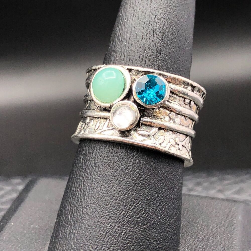 Modern Art Ring Size 7.5 Blue Bezel Set Crystals Textured Silver Tone Wide‎ Band